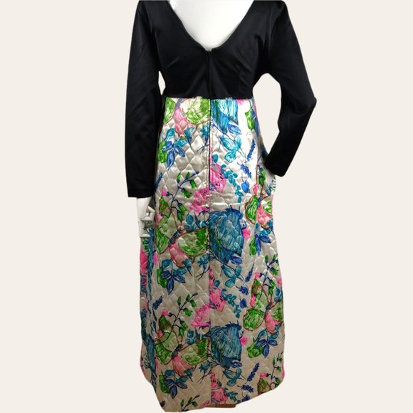 Vintage 1960s Quilted Hostess Dress MOD Flower Power Maxi Dress Butterflies M - Picture 8 of 12